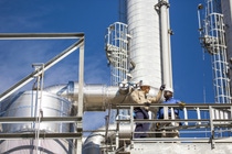 Production Manager Mark Hughes (right) and Shift Supervisor Kenny Calvaruso Jr. (left) stand at the bottom of the methylamines towers during a safety walkthrough. As the newest unit at BASF Verbund site in Geismar, Louisiana, methylamines started production in 2012. Methylamine is used in the production of agrochemicals, personal care products, detergents, pharmaceuticals, textiles, solvents and animal feed additives. Production Manager Mark Hughes (right) and Shift Supervisor Kenny Calvaruso Jr. (left) stand at the bottom of the methylamines towers during a safety walkthrough. As the newest unit at BASF Verbund site in Geismar, Louisiana, methylamines started production in 2012. Methylamine is used in the production of agrochemicals, personal care products, detergents, pharmaceuticals, textiles, solvents and animal feed additives.